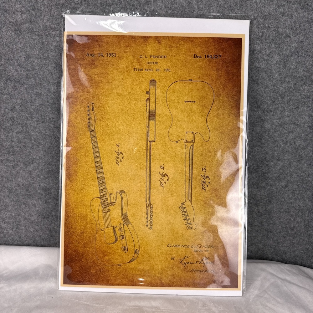 Fender Guitar Patent Art Print 11x17 Sepia Vintage 1951 Clarence Fender Design